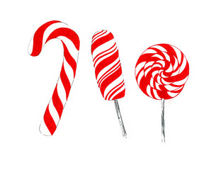 Set of three red and white lollipops of different shapes isolated on a white background. Round spiral lollipop, rectangular and hook. All lollipops in a stripe.