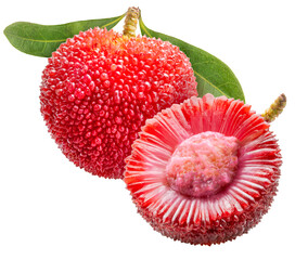 Arbutus berries or Red Yangmei fruit on white, Red Bayberry, Yumberry, Yamamomo, Waxberry on white...