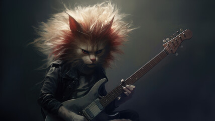 Hard rock metal guitarist cat with unruly long fur hair and cool leather jacket playing an electric guitar on concert stage - insanely wild and unique feline portraiture illustration - generative AI 