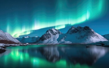 Aurora borealis above the snow covered mountains in Lofoten islands, Norway. Northern lights in winter. Night landscape with polar lights, Generative AI