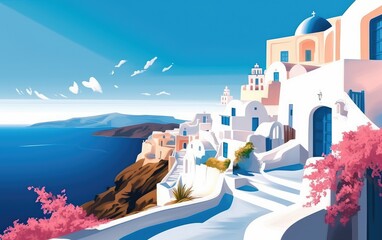 Illustration of Santorini with traditional white houses and view to the sea, Greece, Generative AI - obrazy, fototapety, plakaty