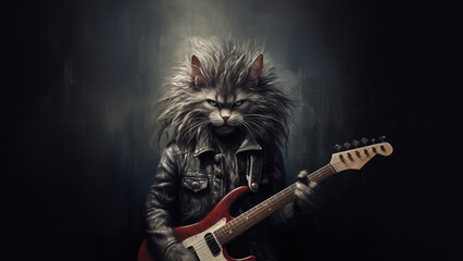Hard rock metal guitarist cat with unruly long fur hair and cool leather jacket playing an electric guitar on concert stage - insanely wild and unique feline portraiture illustration - generative AI 