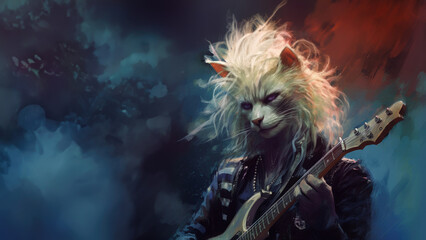 Hard rock metal guitarist cat with unruly long fur hair and cool leather jacket playing an electric guitar on concert stage - insanely wild and unique feline portraiture illustration - generative AI 