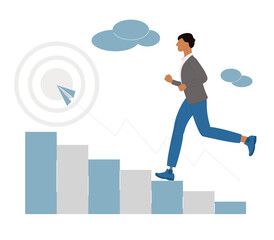 Man with a prosthesis. Achievement of the goal. Concept to success. Career growth of a person with disabilities. World disability day. 