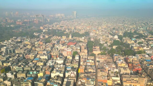 Delhi: Aerial view of capital city of India in spring - landscape panorama of South Asia from above