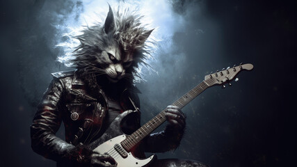 Hard rock metal guitarist cat with unruly long fur hair and cool leather jacket playing an electric guitar on concert stage - insanely wild and unique feline portraiture illustration - generative AI 