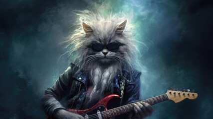 Hard rock metal guitarist cat with unruly long fur hair and cool leather jacket playing an electric guitar on concert stage - insanely wild and unique feline portraiture illustration - generative AI 