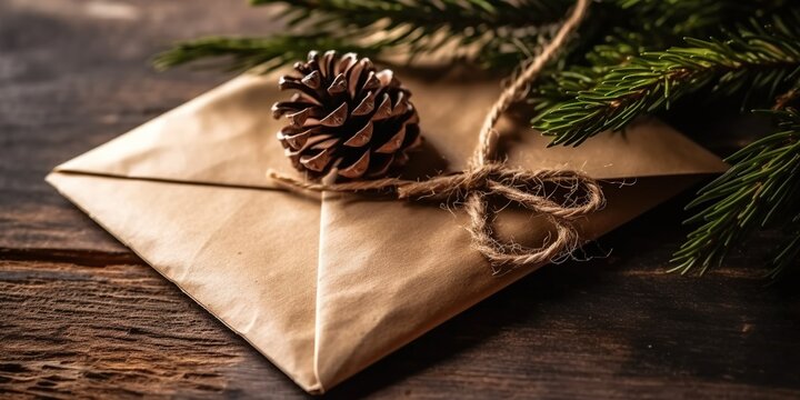 Sustainable Christmas, natural plastic free decoration in paper envelope on wooden background, copy space