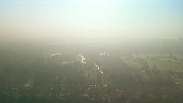 Delhi: Aerial view of capital city of India in spring - landscape panorama of South Asia from above