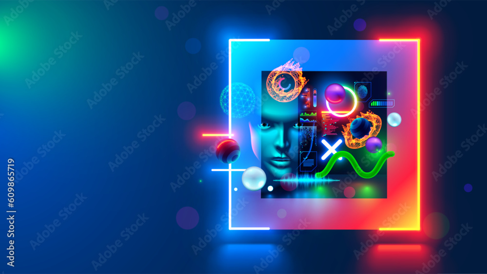 Fototapete Technology abstract background. computer digital futuristic neon square frame with AI face, 3d geometric shapes in cyberspace. Artificial intelligence head. Abstract digital computer tech banner.