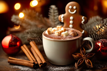 Fototapeta na wymiar Gingerbread man bathes in a cup of hot chocolate, generative ai.
