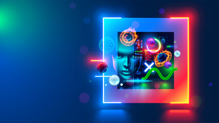 Technology abstract background. computer digital futuristic neon square frame with AI face, 3d geometric shapes in cyberspace. Artificial intelligence head. Abstract digital computer tech banner.