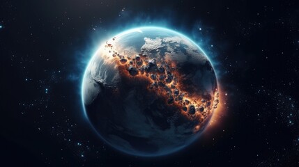 Obraz premium Planet earth in space, potential nuclear explosion along the coast, Generative AI