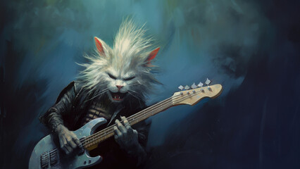 Hard rock metal guitarist cat with unruly long fur hair and cool leather jacket playing an electric guitar on concert stage - insanely wild and unique feline portraiture illustration - generative AI  - obrazy, fototapety, plakaty