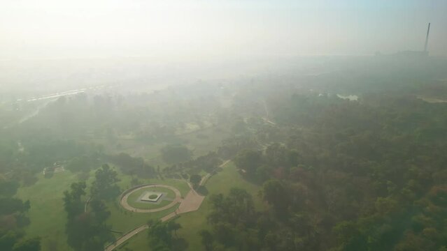 Delhi: Aerial view of capital city of India in spring - landscape panorama of South Asia from above
