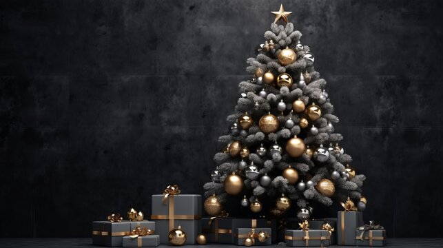 Merry Christmas holiday celebration greeting card background - Modern christmas tree with golden noble luxurious baubles and presents on floor (Generative Ai)