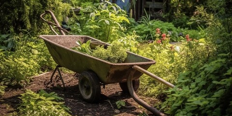 Wheelbarrow in the backyard, green lawn, shovel, uprooted weeds, garden work