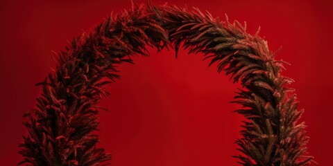 Wide arch - shaped Christmas border isolated on red, composed of fresh fir branches