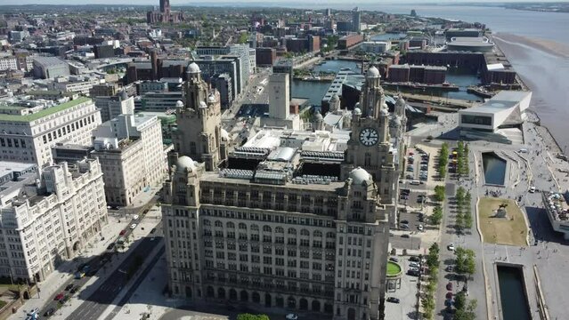 Liverpool's Liver building being shown in all its glory on screen in 4k drone. 