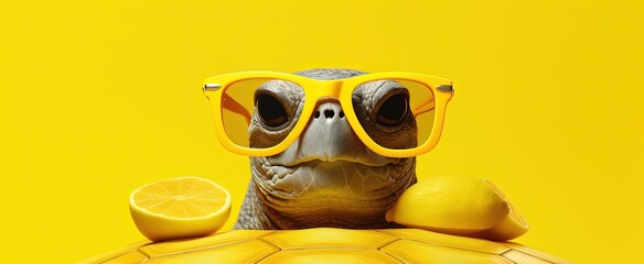cute pet summer portrait, sea turtle wearing sunglasses with lemon sliced, Generative Ai