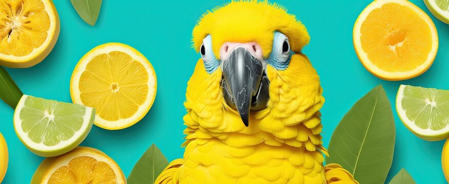 cute pet summer portrait, parrot with lemon sliced, Generative Ai