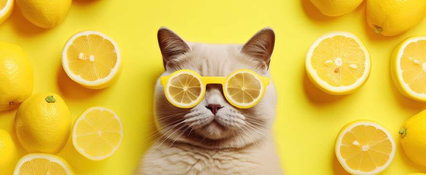 cute pet summer portrait, cat wearing sunglasses with lemon sliced, Generative Ai