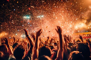 Obraz na płótnie Canvas Audience watching confetti fireworks or music festival at night, Generative AI