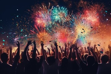 Fototapeta na wymiar Audience watching confetti fireworks or music festival at night, Generative AI