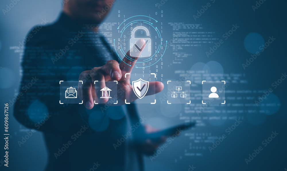 Poster Cybersecurity and Data Protection Information privacy antivirus, user privacy security and encryption, Internet network security system, secure internet access Future technology and cybernetics.