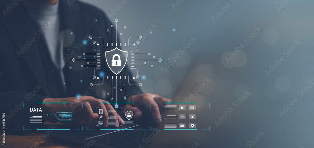 Aufkleber Cybersecurity and Data Protection Information privacy antivirus, user privacy security and encryption, Internet network security system, secure internet access Future technology and cybernetics.