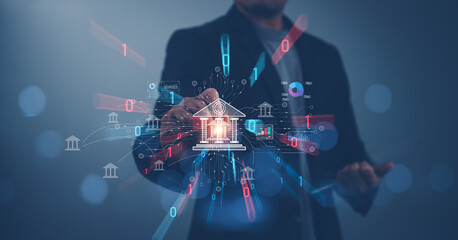 Technology and business finance concept, Businessman touching icon online banking and icon network connection, online payments, shopping and digital technology on virtual screen, global business