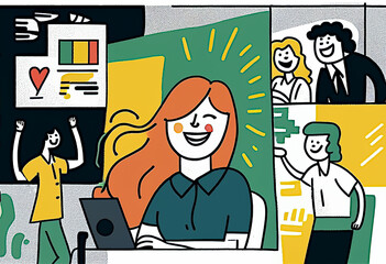 A cartoon styled abstract illustration of a happy and healthy office environment created using Generative AI