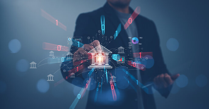 Technology and business finance concept, Businessman touching icon online banking and icon network connection, online payments, shopping and digital technology on virtual screen, global business