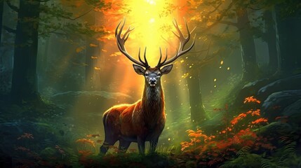 Deer in Forest Sunlight with Tree Reflection Generative Ai