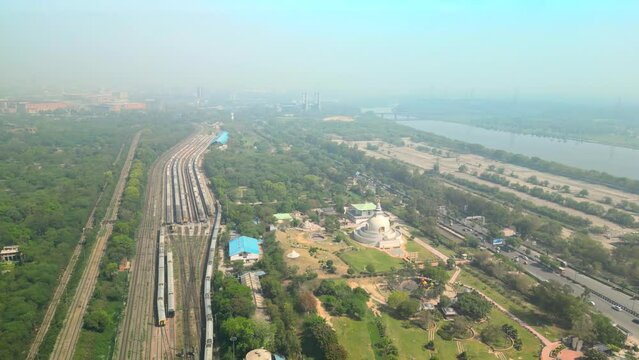 Delhi: Aerial view of capital city of India in spring - landscape panorama of South Asia from above