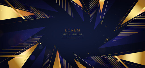 Luxury gold triangle elegant blue on dark blue background with golden lines and light effect and bokeh with copy space for text.