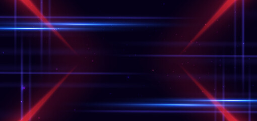 Abstract technology futuristic glowing neon blue and red light lines with speed motion movingon dark blue background.