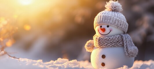 Winter holiday christmas background banner - Closeup of cute funny laughing snowman with wool hat and scarf, on snowy snow snowscape with bokeh lights, illuminated by the sun (Generative Ai)
