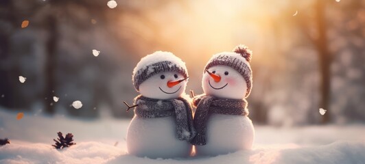 Winter holiday christmas background banner - Closeup of two cute funny laughing snowmen couple with wool hat and scarf, on snowy snow snowscape with bokeh lights, sun (Generative Ai)
