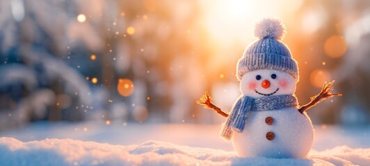Winter holiday christmas background banner - Closeup of cute funny laughing snowman with wool hat and scarf, on snowy snow snowscape with bokeh lights, illuminated by the sun (Generative Ai) - obrazy, fototapety, plakaty