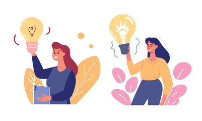Employee with lightbulb. Business idea. Woman finding answer or solution. Light bulb concept. Creative happy manager and innovation. Flat vector illustration isolated on white background.