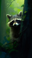 Fototapeta premium Wild raccoon in the forest. Procyon lotor. Generative AI