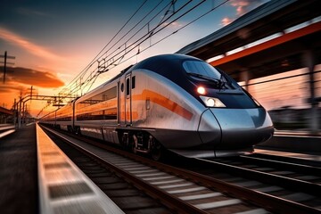 Naklejka premium High speed train with motion blur on the railway at sunset, Generative AI