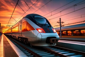 Fototapeta premium High speed train with motion blur on the railway at sunset, Generative AI