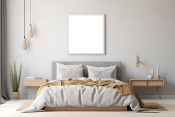 Fototapeta na wymiar mock-up wall decor frame is hanging in bedroom, Generative AI