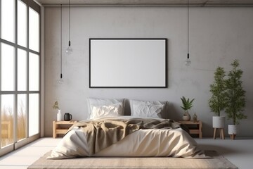 mock-up wall decor frame is hanging in bedroom, Generative AI