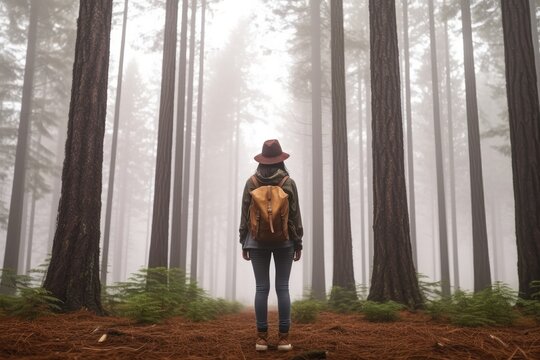 Young female traveler with backpack standing in forest, Generative AI