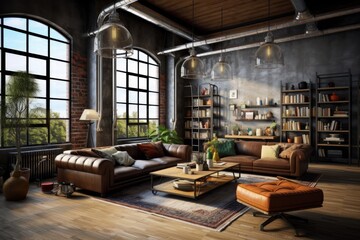 Living room interior in loft, industrial style,  Generative AI