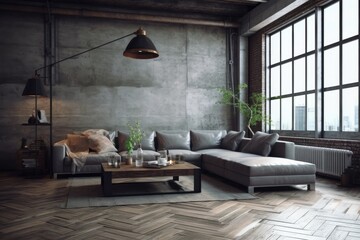 Living room interior in loft, industrial style,  Generative AI