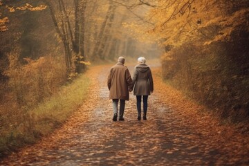 Loving Mature Couple walking with autumn countryside, Generative AI